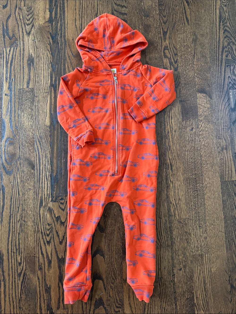 Hugo Loves Tiki Hooded Zip-Front One-Piece in Orange with Car Print
